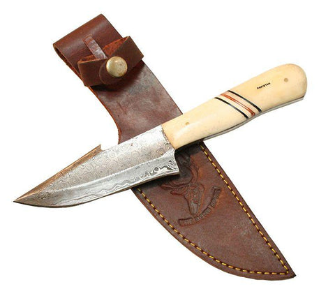 TheBoneEdge 9" Damascuss Skinner Knife Bone Handle Series Leather Sheath