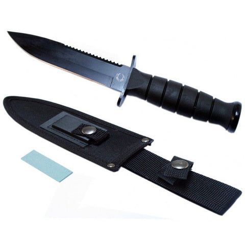 10.5" Hunting Knife With Nylon Button Sheath & Blade Sharpener All Black 5752