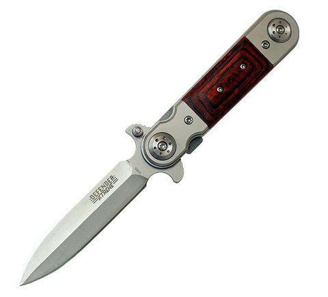 Defender-Xtreme 8" Silver And Wood Spring Assisted Knife Metal Handle with Clip