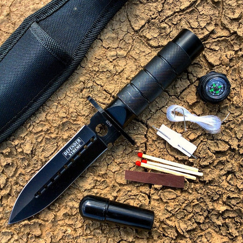 8" All Black Survival Knife With Survival Kit & Sheath