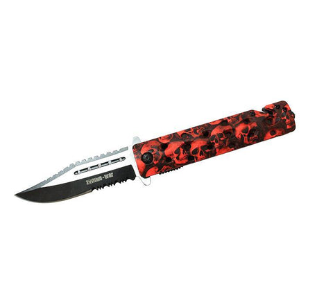 8.5" Zombie War Red & Black Skull Design Spring Assisted Knife with Belt Clip 7662
