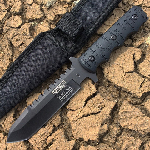 9" Defender Xtreme Tactical Team All Black Serrated Blade Hunting Knife with Sheath