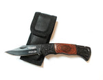 5.25" Mini Tactical Team Wood & Black Handle Design Folding Knife with Pouch 7710