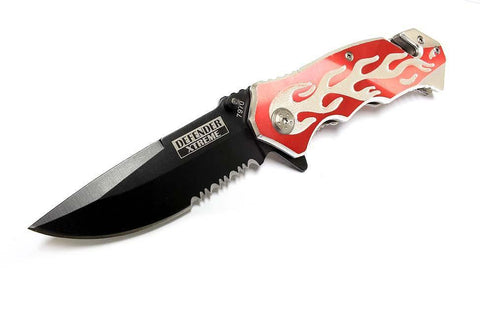 8" Defender Extreme Flame Design Spring Assisted Knife with Serrated Stainless Steel Blade - Red 7970
