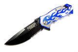 8" Defender Extreme Flame Design Spring Assisted Knife with Serrated Stainless Steel Blade - Blue 7976