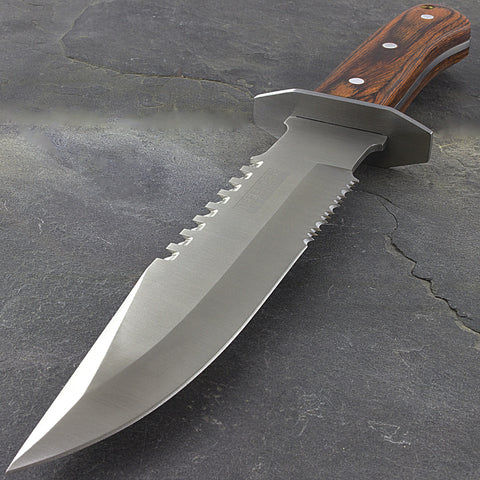 Defender-Xtreme 11.25" Full Tang Serrated Blade Silver & Wood Hunting Knife with Sheath 7594