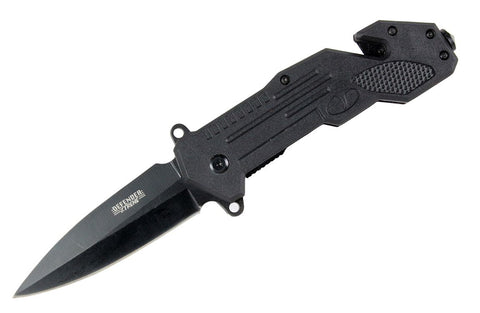 8.5" Defender Xtreme Black Spring Assisted Knife with Seat Belt Cutter 8288
