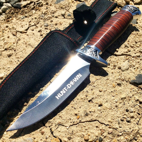 10" Hunt-Down Fixed Blade Knife engraved Handle and Nylon Sheath