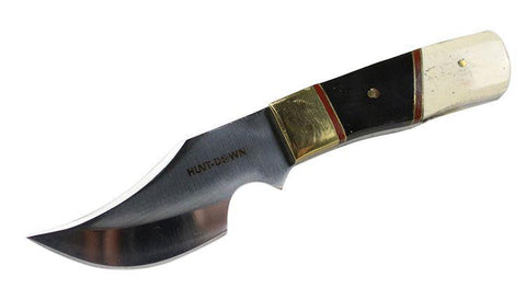 Hunt-Down 7" Full Tang Skinner Knife with Black/White Bone Handle and Leather Sheath 9338
