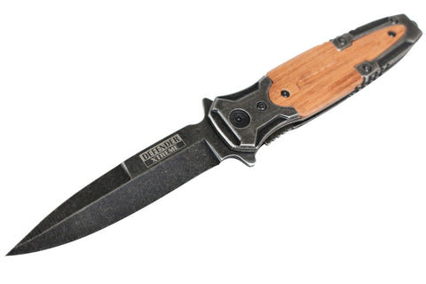 8" Defender Xtreme Spring Assisted Knife with Stone Washed Blade & Wood Handle 9408