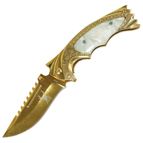 TheBoneEdge 8.5" Spring Assisted Knife with Ridged Top Edge Gold Good Quality 9642