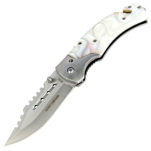 Hunt-Down 8" Spring Assisted Knife Tactical Rescue Pocket Knife - White Swirl Handle 9742