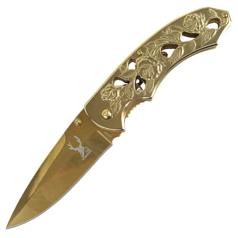 TheBoneEdge 8" Spring Assisted Tactical Sharp Knife with Strap Holder - Gold 9748