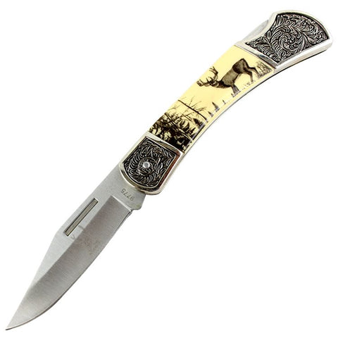 TheBoneEdge 7.5"  Folding Knife Deer & Wilderness Design Handle 9775