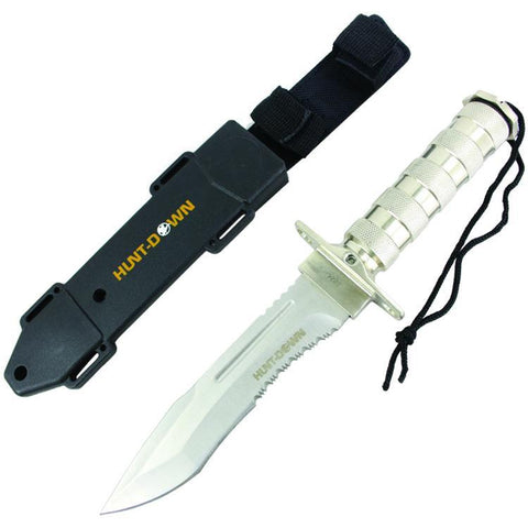 Hunt-Down 12" All Chrome Fixed Blade Survival Knife - Survival Kit & Compass 9824