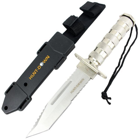 Hunt-Down 12" Chrome Color Fixed Blade Survival Knife - Survival Kit & Compass 9826