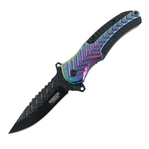 Defender-Xtreme 9" Stainless Steel Spring Assisted Knife Black & Rainbow handle 9854