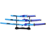 3pc Light Blue Samurai Sword Set Corbon Steel Blades with Stand Good Quality