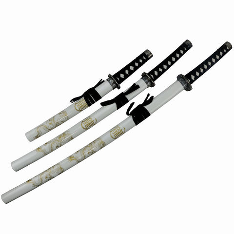 3pc White Dragon Samurai Sword Set Carbon Steel Blades with Stand Good Quality