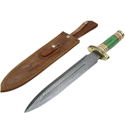 TheBoneEdge 15" Damascus Blade Fantasy Handle Hunting Knife with Leather Sheath