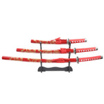 3pc Red Dragon Samurai Sword Set Carbon Steel Blades with Stand Good Quality