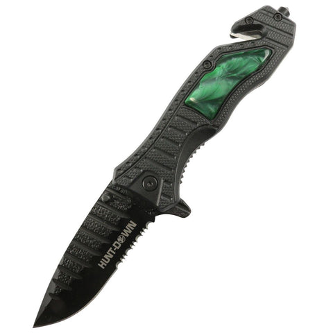 Hunt-Down 8.5" Green spring assisted folding knife Belt Cutter Glass Breaker 3CR13 Steel 9974