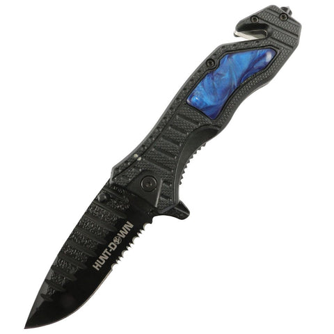 Hunt-Down 8.5" Blue spring assisted folding knife Belt Cutter Glass Breaker 3CR13 Steel 9975