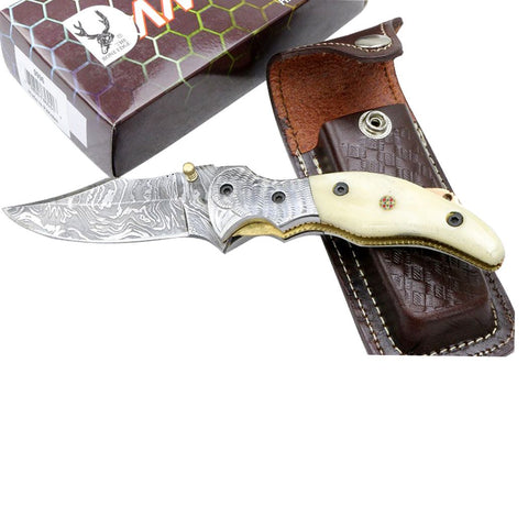 TheBoneEdge 7.5" Folding Knife Damascus Blade with Horn Handle Handmade with Sheath