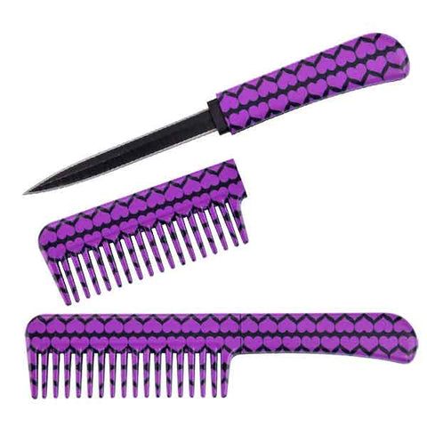 Self Defense Brush Comb With Hidden Knife - Purple Hearts