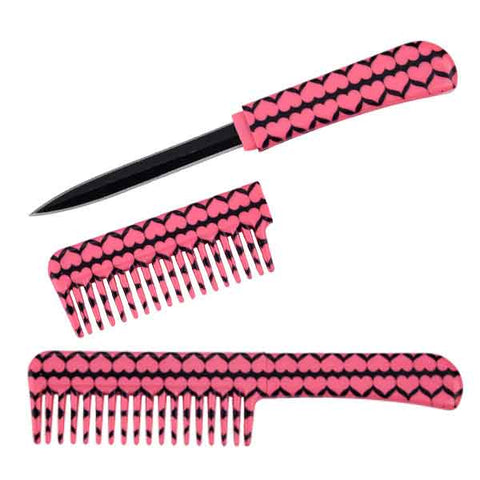 Self Defense Brush Comb With Hidden Knife - Pink Hearts