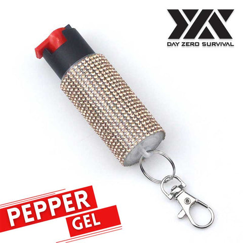 Personal Defense Tactical Pepper Gel Key Ring - Golden Jeweled Design