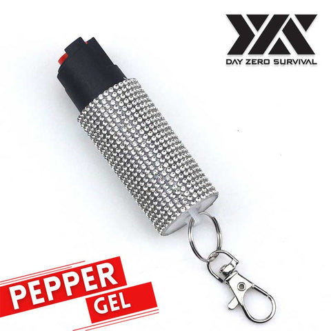 Personal Defense Tactical Pepper Gel Key Ring - White Jeweled Design