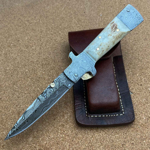 8.25" Damascus Steel Custom Handmade Folding Pocket Knife Stag Handle