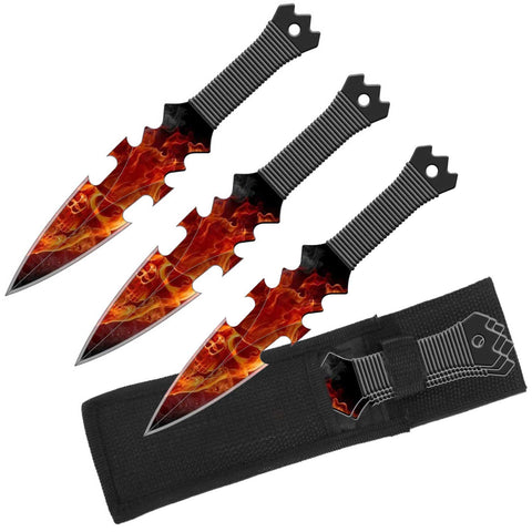 Flaming Skull Throwing Knife Set and Sheath - Set of 3 Throwers