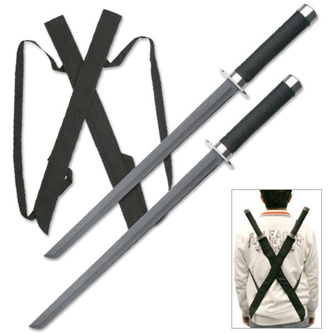 Black Twin Ninja Sword Set with Body Harness Strap Dual Blades