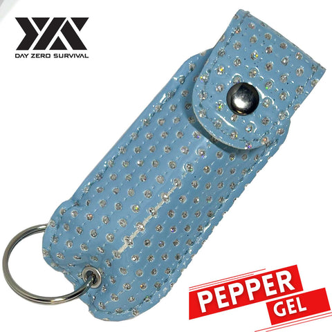 DZS Tactical Defense Pepper Gel - Light Blue Bling Keychain Leather Case