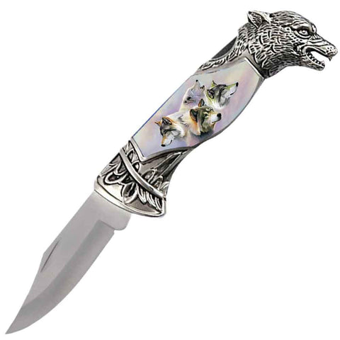 8" Overall Wolf Head Lockback Folding Pocket Knife in a Gift Box Style-10