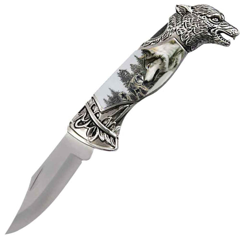 8" Overall Wolf Head Lockback Folding Pocket Knife in a Gift Box Style-8