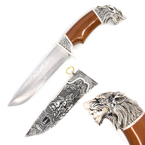 Mountain Wolf Head Dagger Fixed Blade Hunting Knife With Scabbard