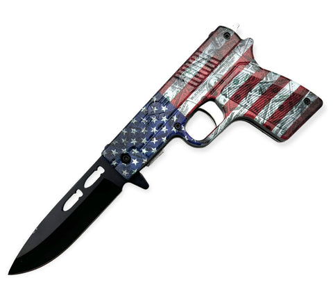 Pistol Spring Assisted Folding Knife-  AMERICAN FLAG/ MONEY