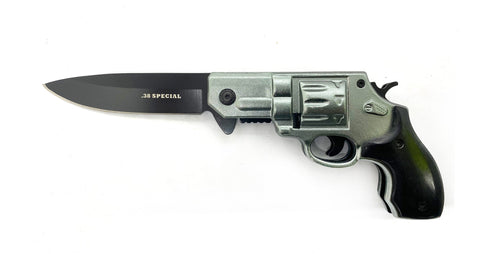 38 Special Revolver Pistol Spring Assisted Knife Silver Handle (Blackwood)