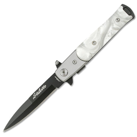 4 Inch Closed Stiletto Style Assisted Opening Knife With Pearl Handle