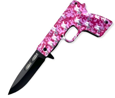 Tiger-USA Pistol Spring Assisted Knife CAMO PINK GUN WOMENS