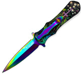 Spring Assisted Knife SKULL WITH CROSS RAINBOW EDC WOMENS