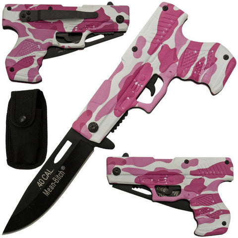 Mean Bitch Spring Action Gun Pistol Knife WOMENS PINK CAMO