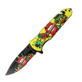 8.5" Lips Design Yellow Handle Spring Assisted Folding Knife W/ Belt Cutter