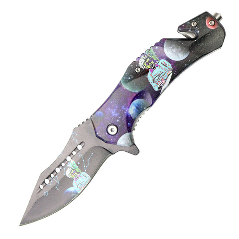 9" Spring Assisted Folding Knife Stainless Steel Blade Purple & Black ABS Handle W/ Belt Cutter