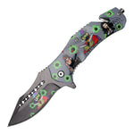 9" Spring Assisted Folding Knife Stainless Steel Blade Grey ABS Handle W/ Belt Cutter