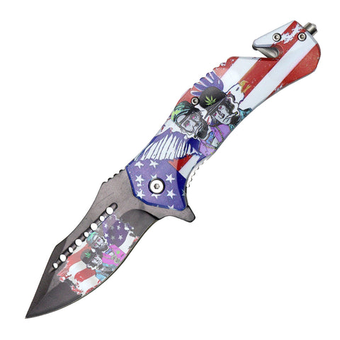 9" Spring Assisted Folding Knife Stainless Steel Blade USA Flag ABS Handle W/ Belt Cutter