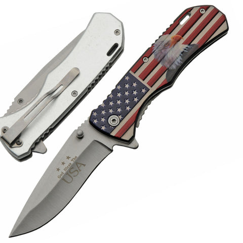 4.5" EAGLE USA FLAG FOLDER- GOD BLESS THE USA- Spring Assisted Folding Knife w/ thumb stud